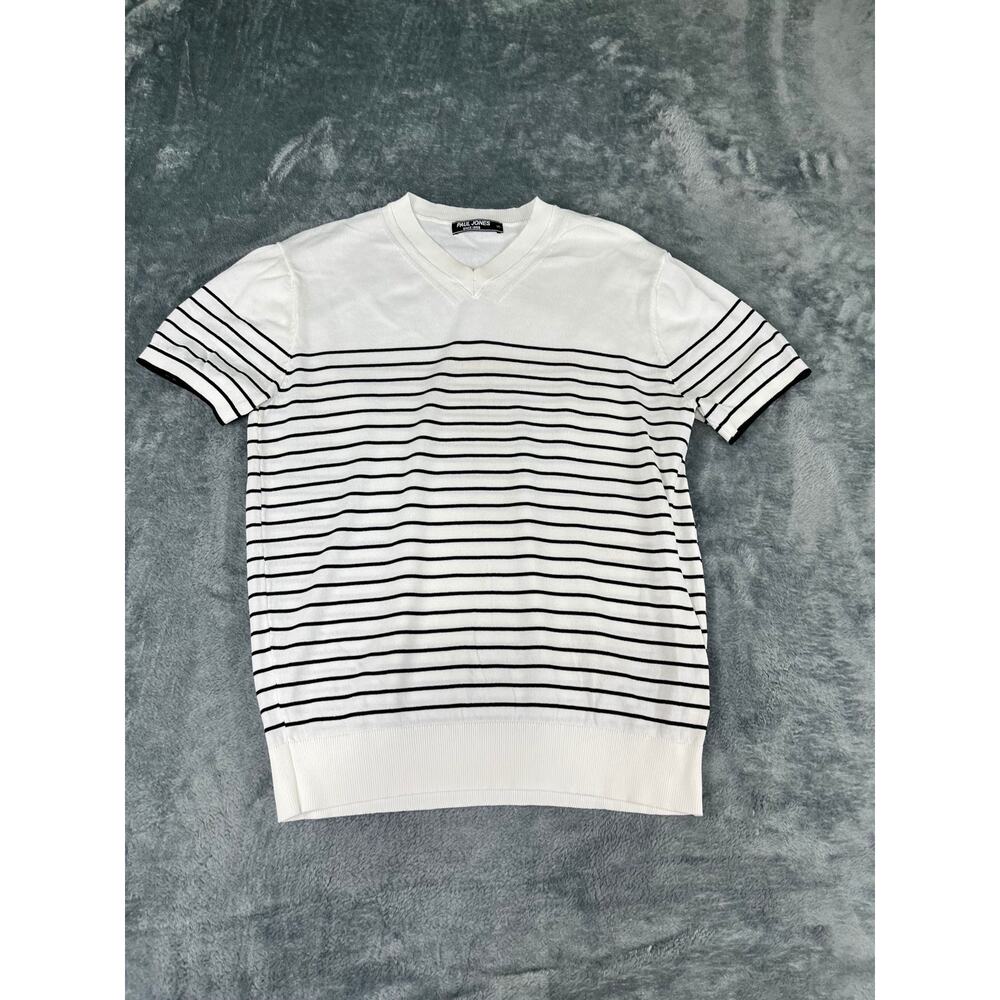 Men's Paul Jones  White Striped V-Neck Short Sleeve Shirt XL